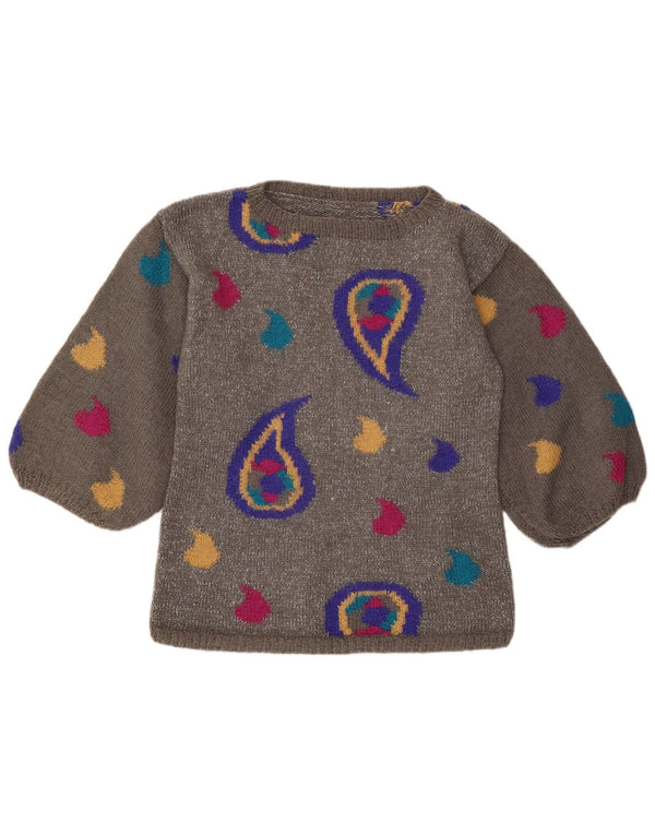 Vintage Womens Boat Neck Jumper Sweater UK 12 Medium Grey Paisley