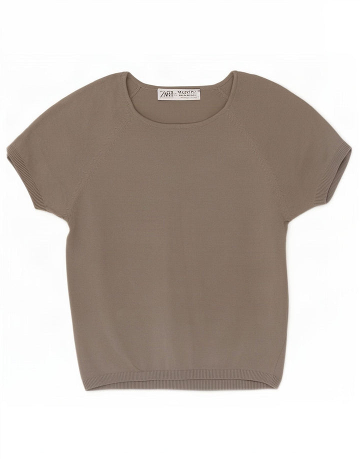 Zara Womens Crop Blouse Top UK 14 Large Grey Viscose