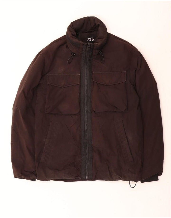 Zara Mens Hooded Padded Jacket UK 36 Small Black Polyester