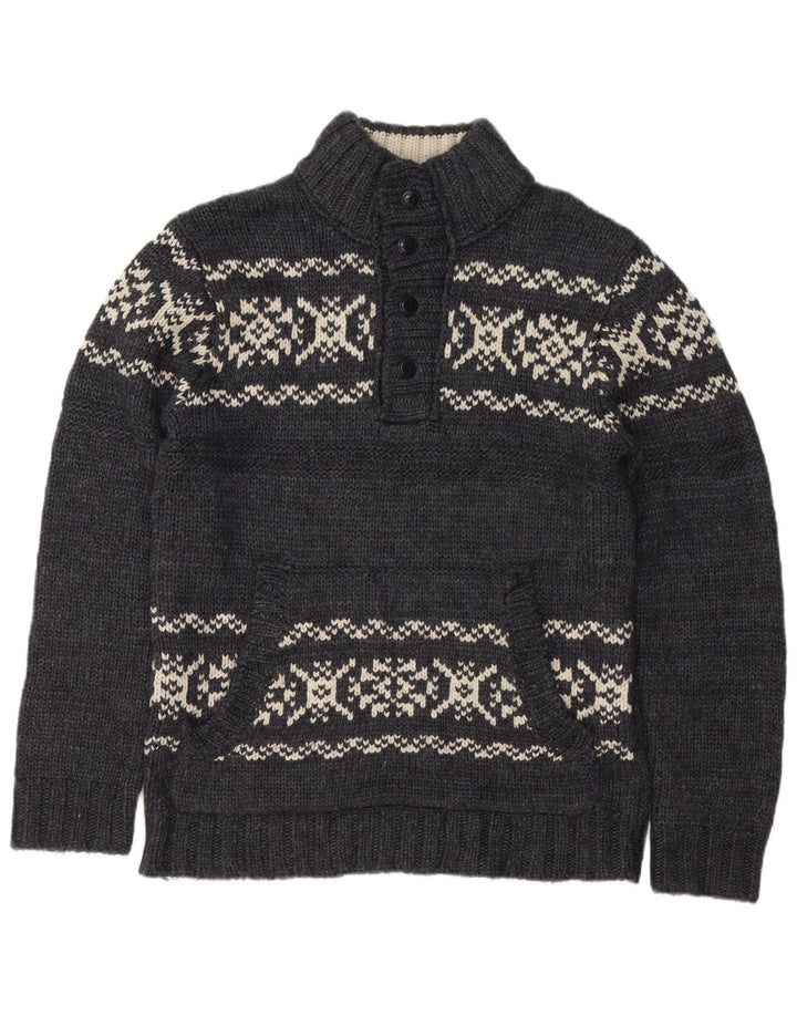 Dockers Mens Button Neck Jumper Sweater Large Grey Fair Isle Acrylic