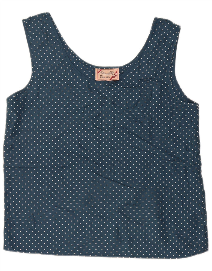 VINTAGE Womens Crop Sleeveless Blouse Top UK 14 Large Navy Blue Spotted