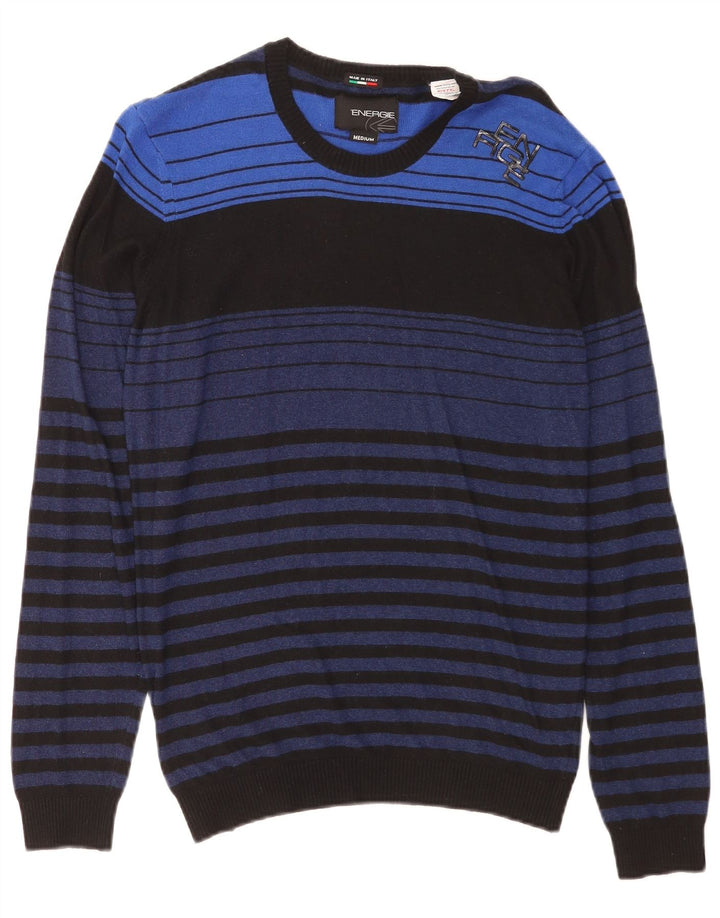 Energie Mens Crew Neck Jumper Sweater Medium Blue Striped Viscose
