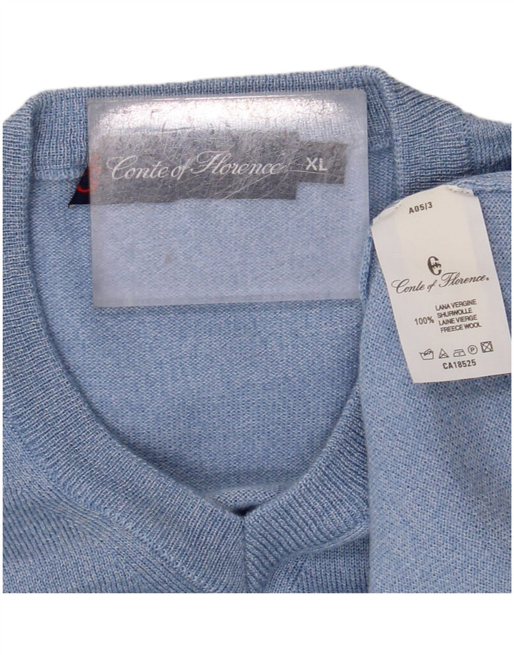 CONTE OF FLORENCE Mens V-Neck Jumper Sweater XL Blue Virgin Wool