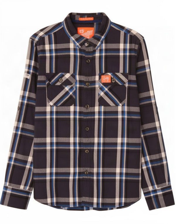 Superdry Mens Flannel Shirt Medium Navy Blue Plaid Cotton