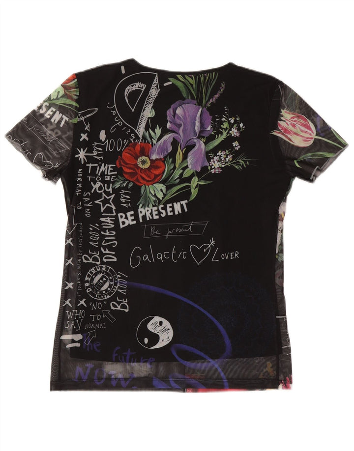 Desigual Womens Graphic T-Shirt Top UK 12 Medium Black Floral Polyester