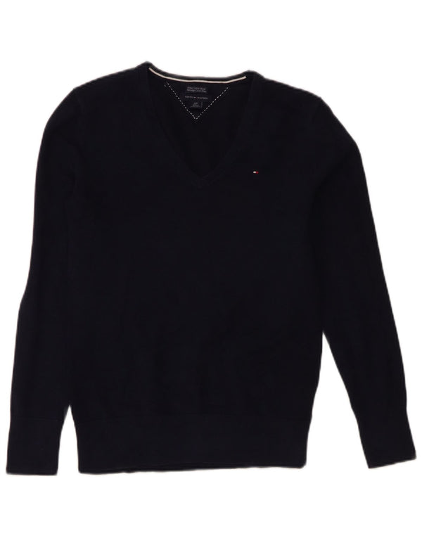 Tommy Hilfiger Womens V-Neck Jumper Sweater UK 10 Small Navy Blue Cotton
