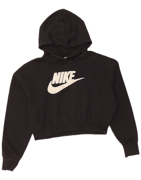 Nike Womens Crop Graphic Hoodie Jumper UK 14 Medium Black Cotton