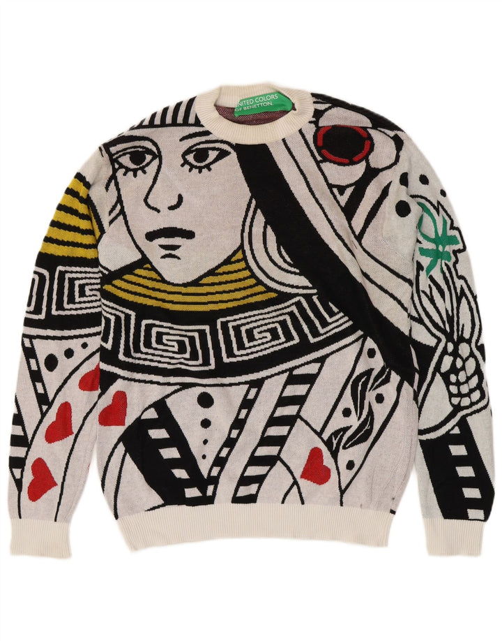 BENETTON Mens Playing Cards Graphic Crew Neck Jumper Sweater Medium White