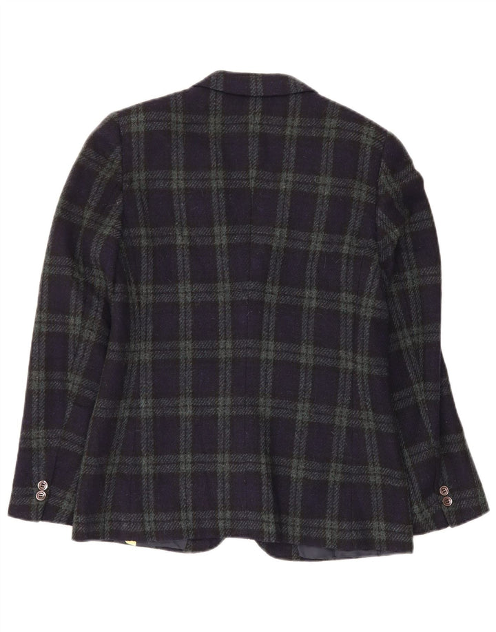 VINTAGE Womens 2 Button Blazer Jacket IT 44 Medium Navy Blue Check Wool