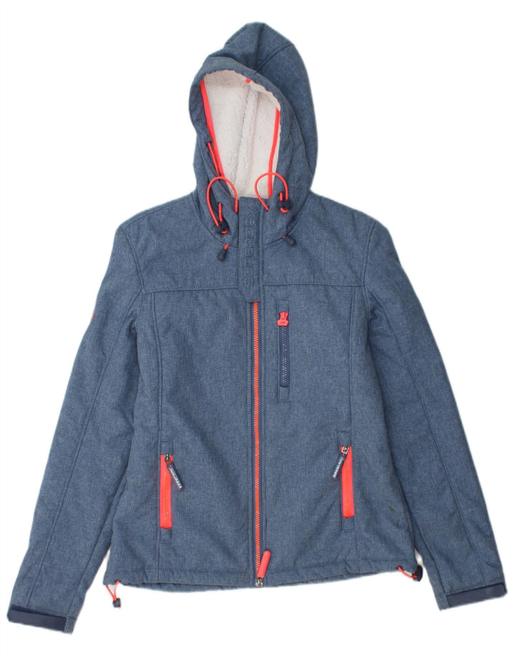SUPERDRY Womens Windtrekker Hooded Sherpa Windbreaker Jacket UK 6 XS Blue