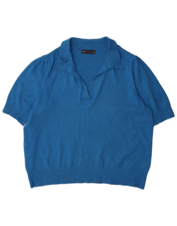 Marks & Spencer Womens Short Sleeve Polo Neck Jumper Sweater UK 18 XL Blue
