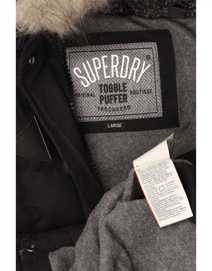 Superdry Womens Hooded Padded Jacket UK 14 Large Black Polyester