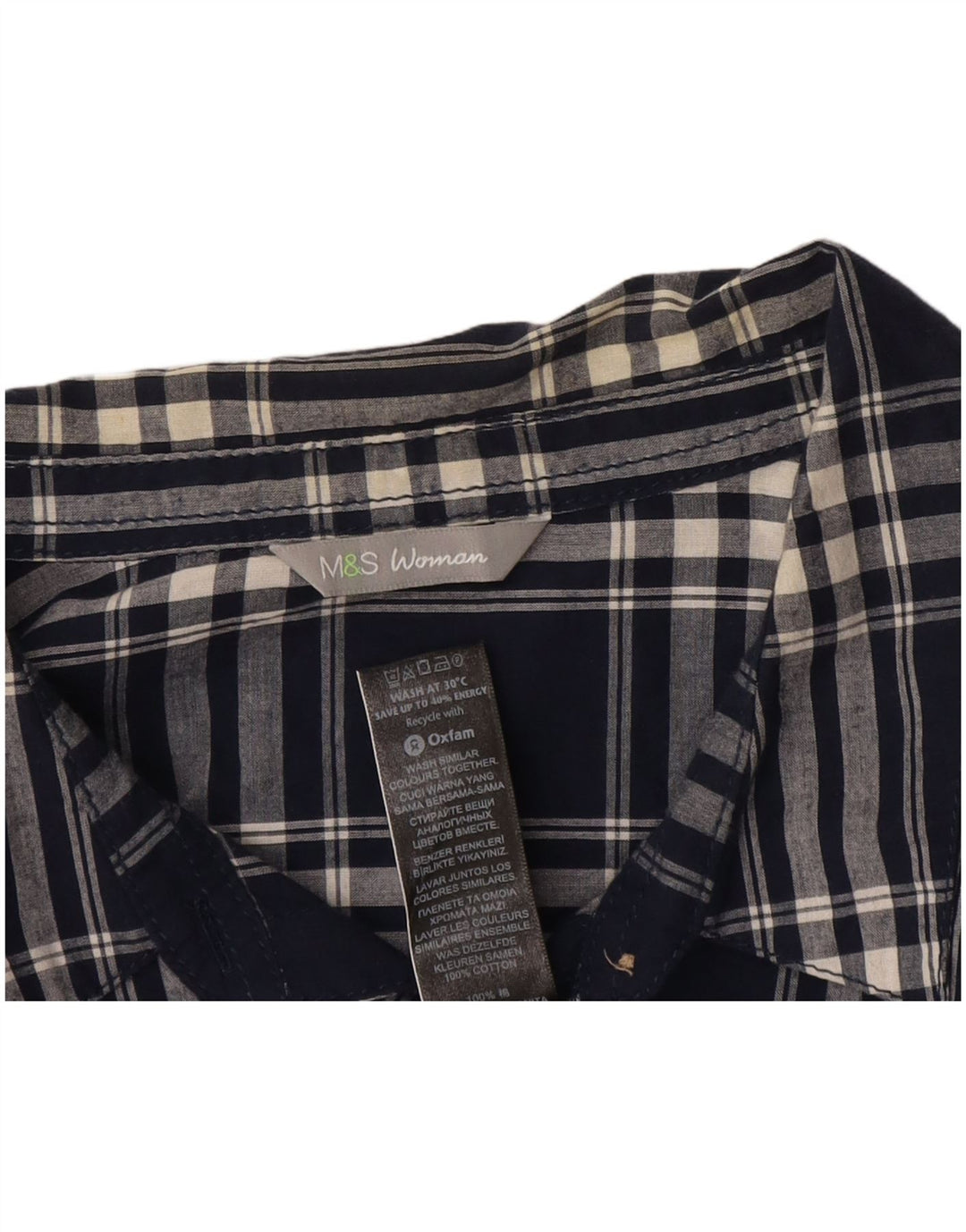 Marks & Spencer Womens Shirt UK 16 Large Navy Blue Check Cotton