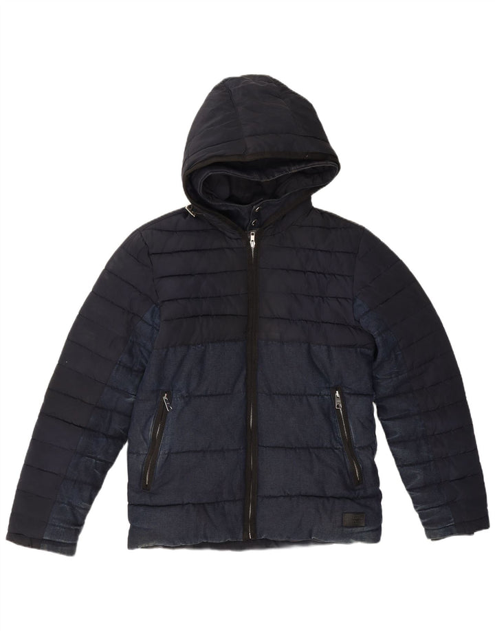 Zara Mens Hooded Padded Jacket UK 36 Small Navy Blue Polyester