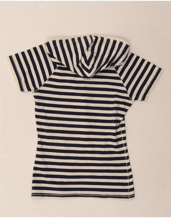 Superdry Womens Hooded T-Shirt Top UK 12 Medium Navy Blue Striped Cotton