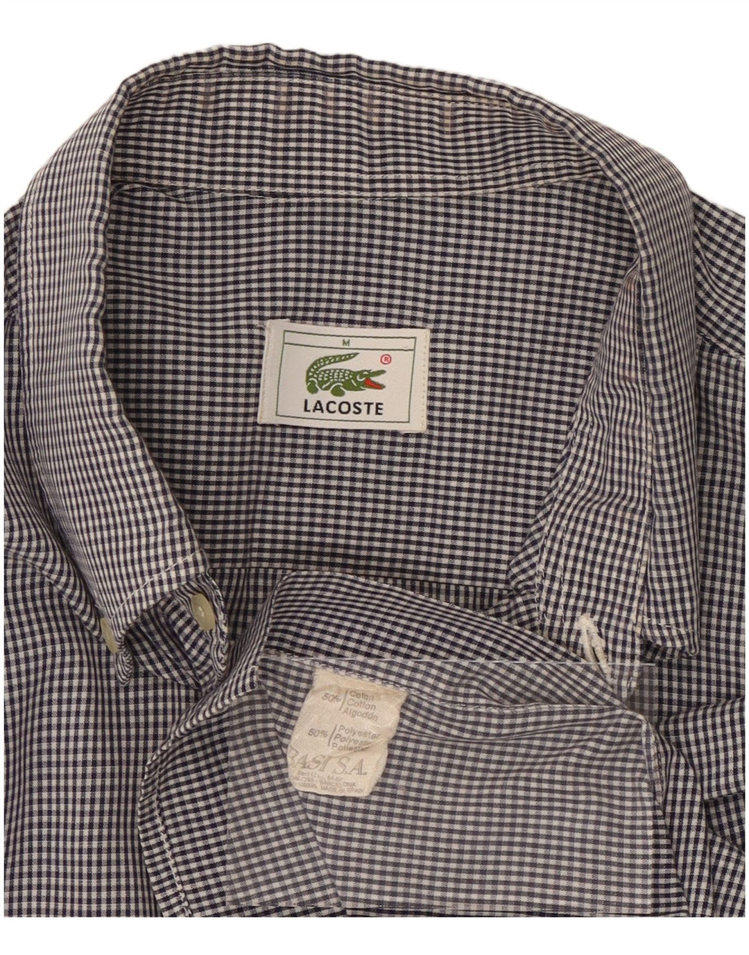 LACOSTE Mens Short Sleeve Shirt Medium Navy Blue Gingham Cotton