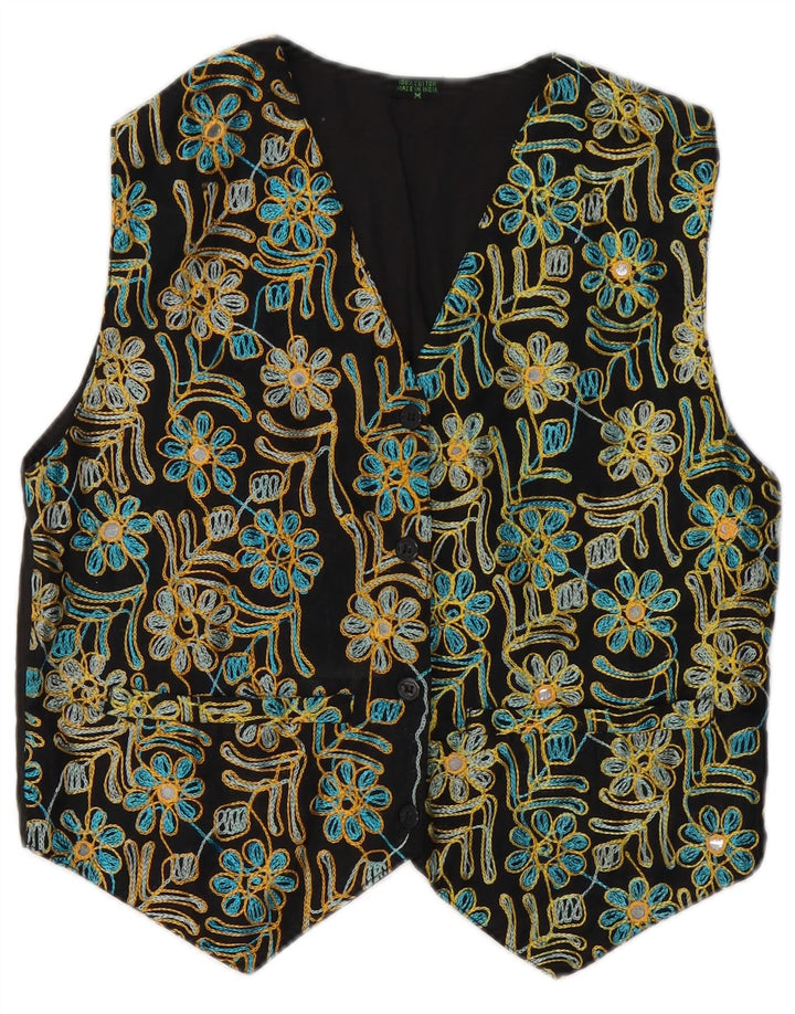 VINTAGE Womens Waistcoat UK 14 Medium Black Floral Cotton