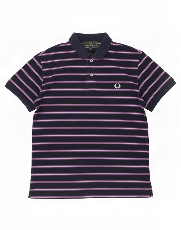 Fred Perry Mens Polo Shirt Large Navy Blue Striped Cotton