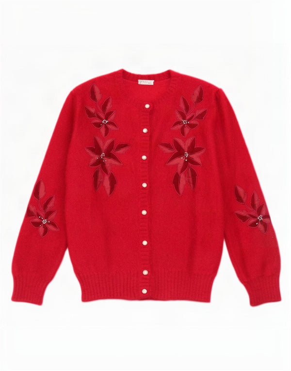Vintage Womens Cardigan Sweater UK 16 Large Red Floral