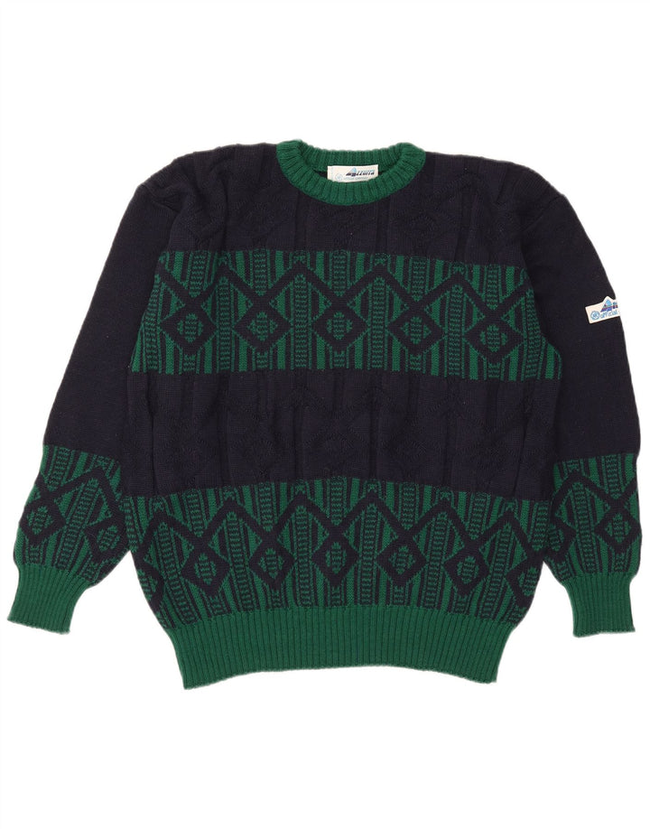 Azzurra Mens Crew Neck Jumper Sweater IT 50 Medium Navy Blue Geometric