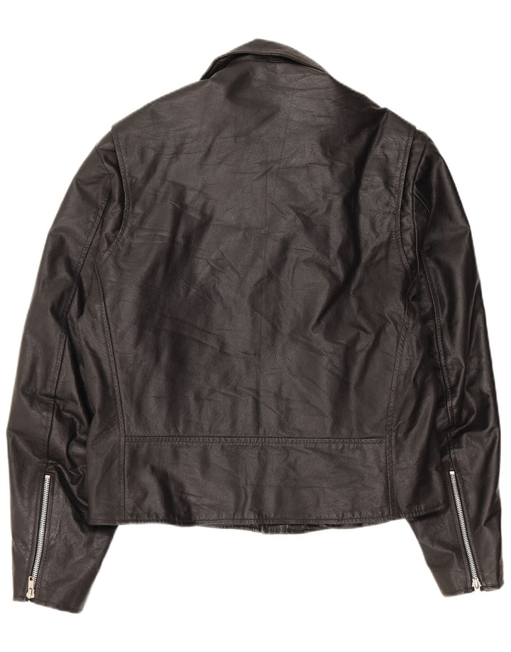 VINTAGE Womens Oversized Leather Biker Jacket UK 10 Small Black Leather