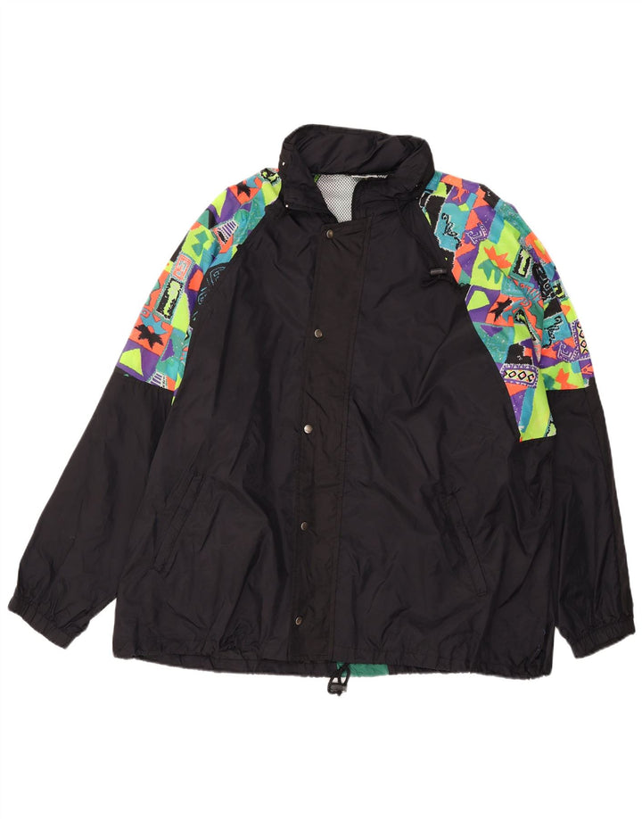 VINTAGE Mens Hooded Rain Jacket UK 44 2XL Black Geometric