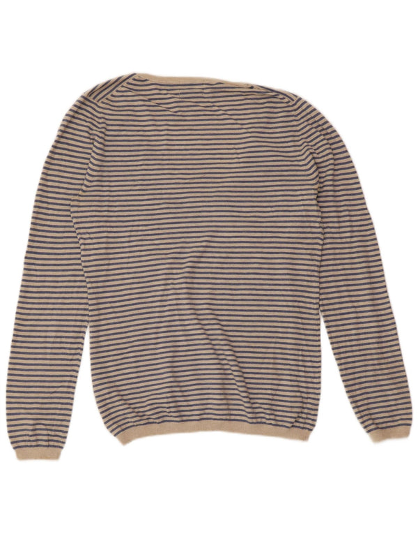 MASSIMO DUTTI Womens V-Neck Jumper Sweater UK 18 XL Blue Striped Cashmere