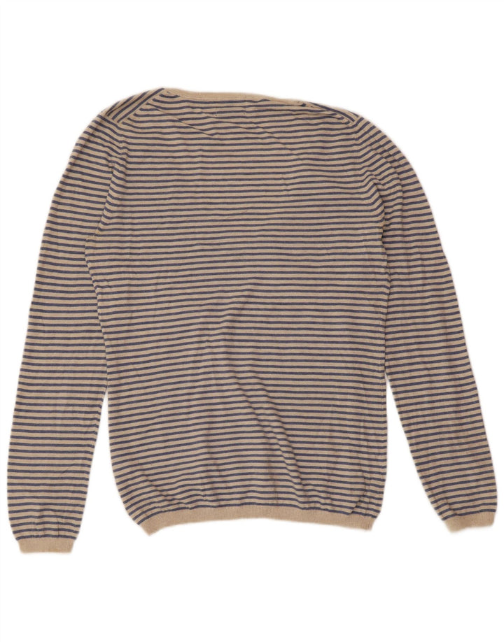 MASSIMO DUTTI Womens V-Neck Jumper Sweater UK 18 XL Blue Striped Cashmere