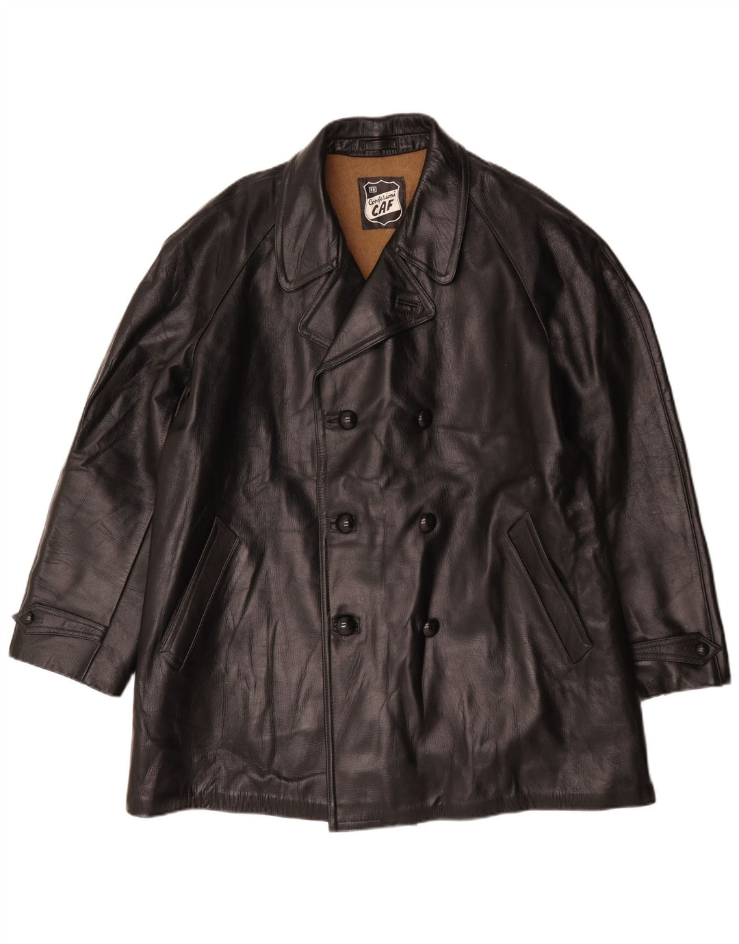 Vintage Mens Double Breasted Leather Jacket IT 58 4XL Black