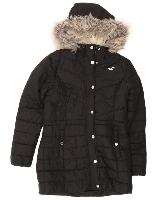 Hollister Womens Hooded Sherpa Padded Coat UK 14 Medium Black Polyester