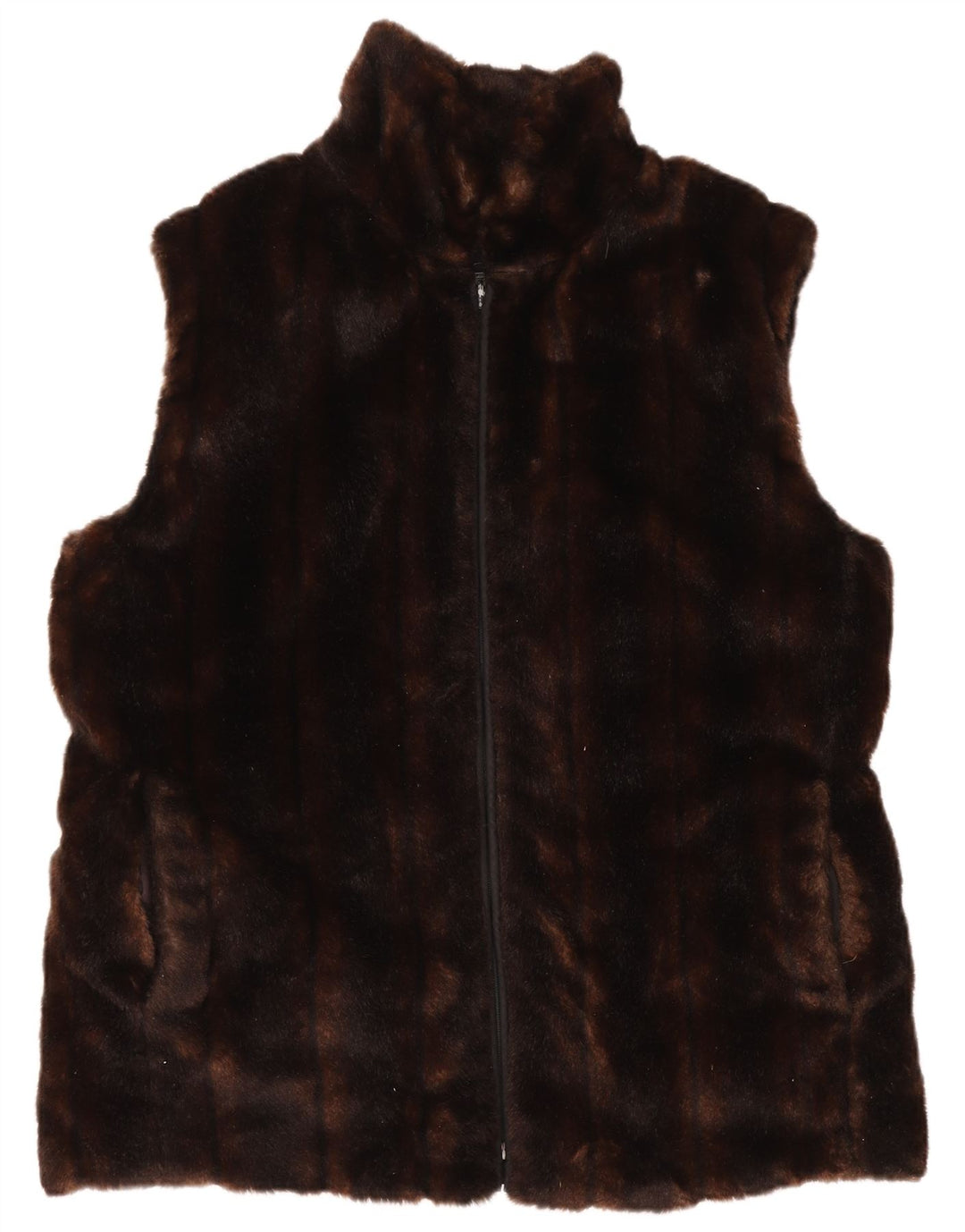 VINTAGE Womens Faux Fur Gilet UK 14 Medium Brown Acrylic