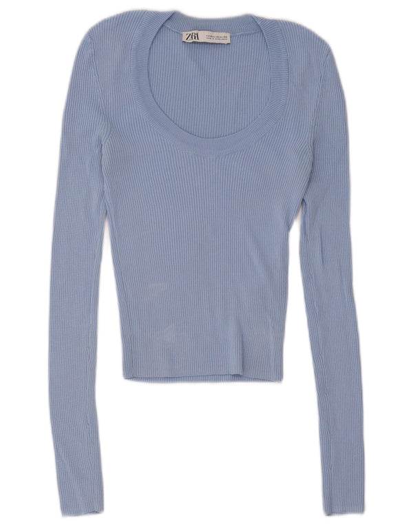 Zara Womens Crop Top Long Sleeve UK 4 XS Blue Viscose