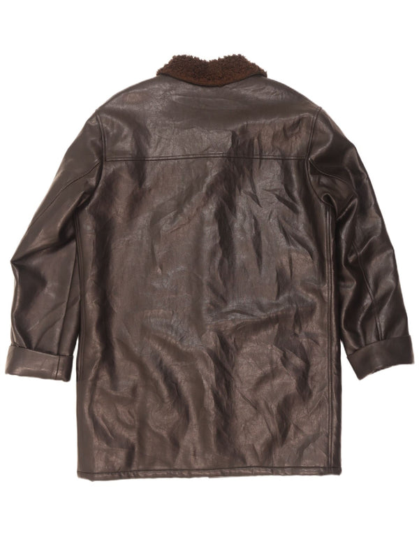 Vintage Mens Sherpa Faux Leather Overcoat UK 42 XL Black Micropolifil