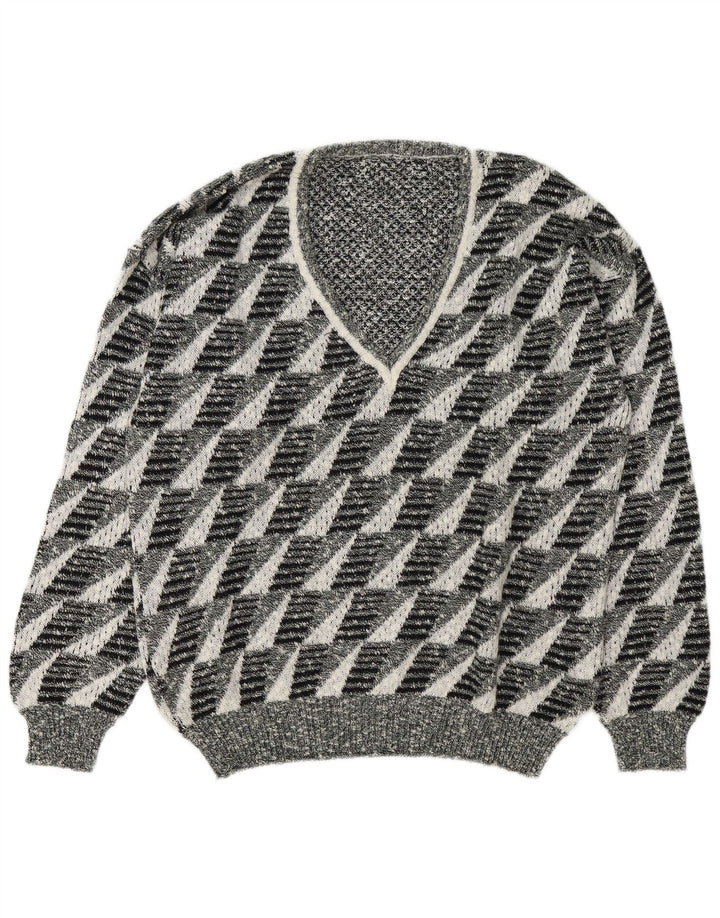 Vintage Mens V-Neck Jumper Sweater Large Grey Geometric