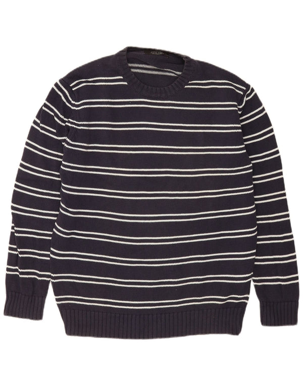 Zara Mens Crew Neck Jumper Sweater XL Navy Blue Striped Cotton
