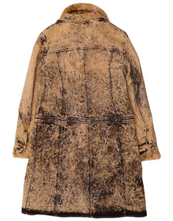 VINTAGE Womens Acid Wash Sherpa Denim Coat IT 46 Large Beige Cotton