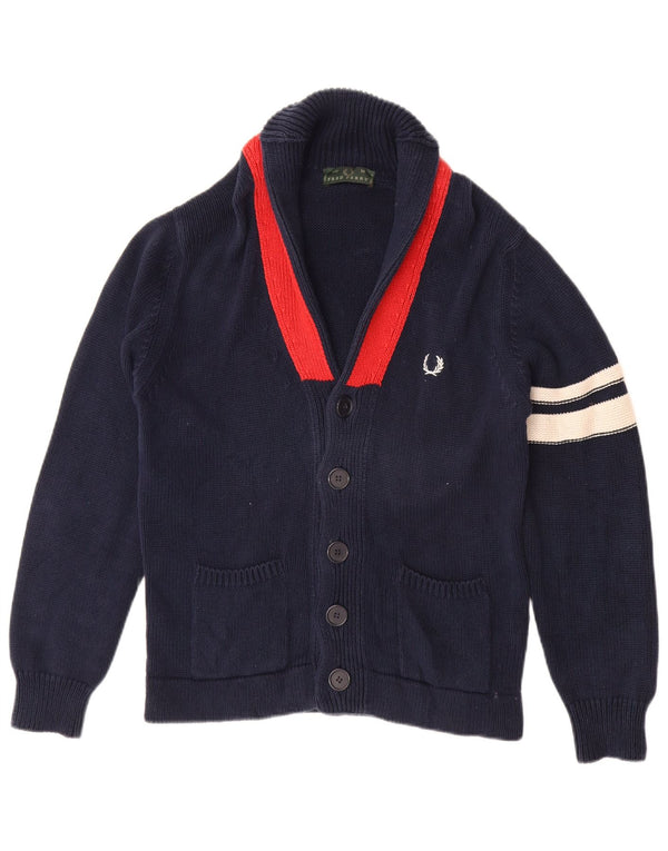 FRED PERRY Mens Cardigan Sweater Medium Navy Blue Colourblock Cotton