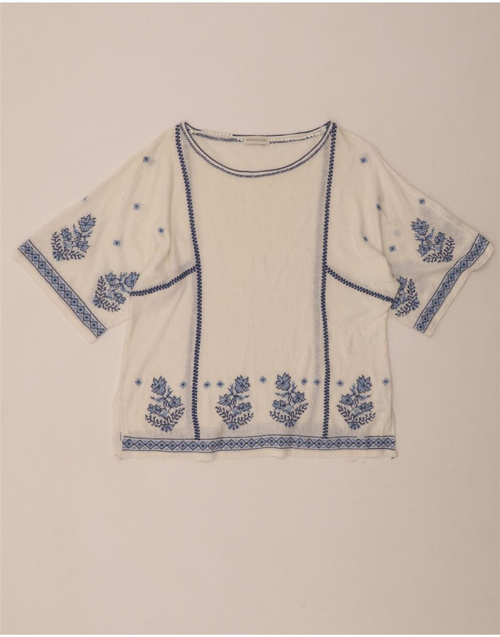 MONSOON Womens Blouse Top UK 16 Large Off White Floral Linen