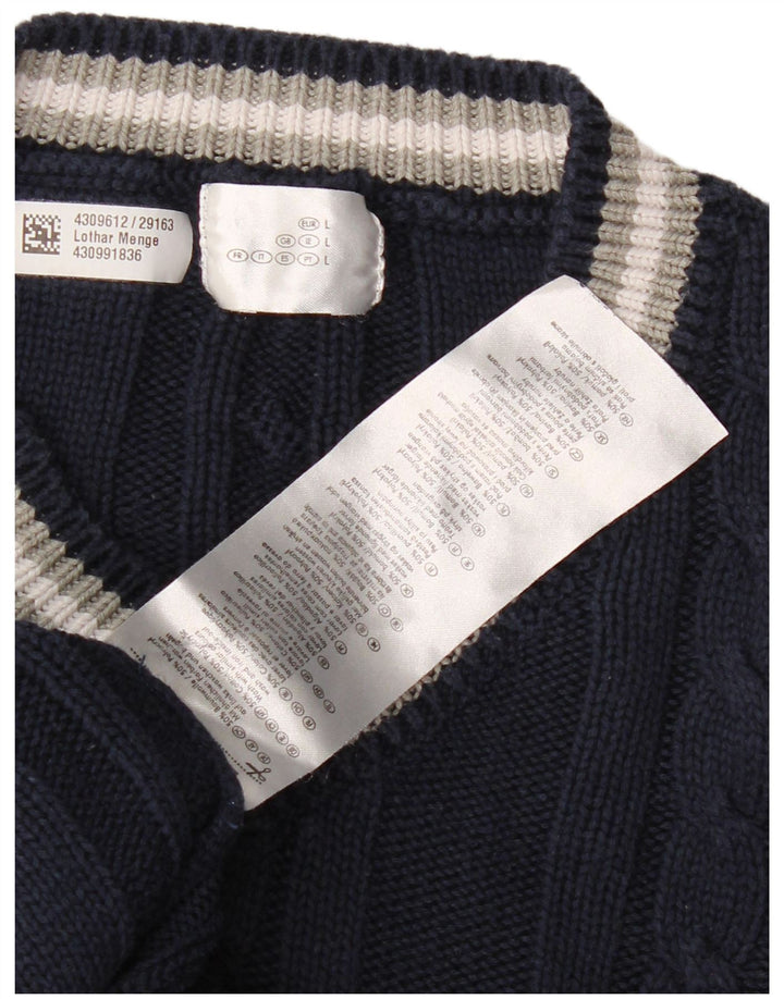 VINTAGE Mens V-Neck Jumper Sweater Large Navy Blue Cotton