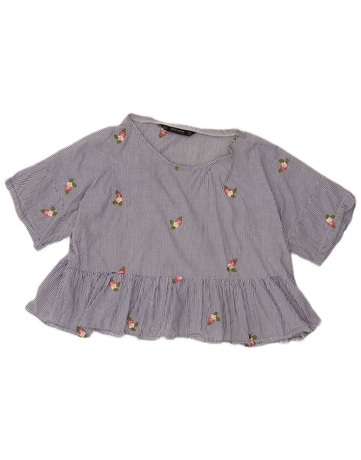 ZARA Womens Crop Blouse Top UK 14 Medium Blue Pinstripe
