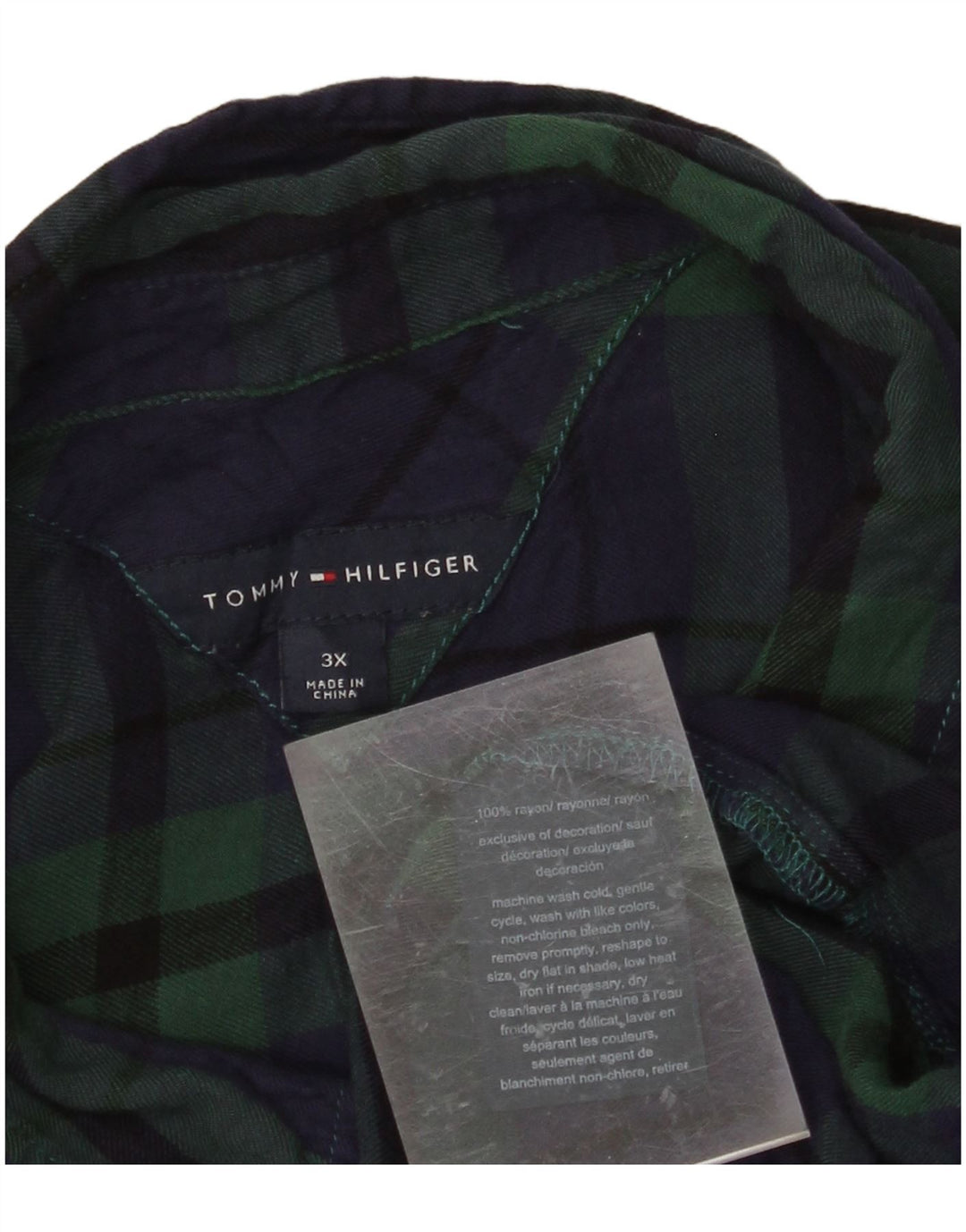 TOMMY HILFIGER Womens Flannel Shirt UK 22 3XL Green Plaid Rayon
