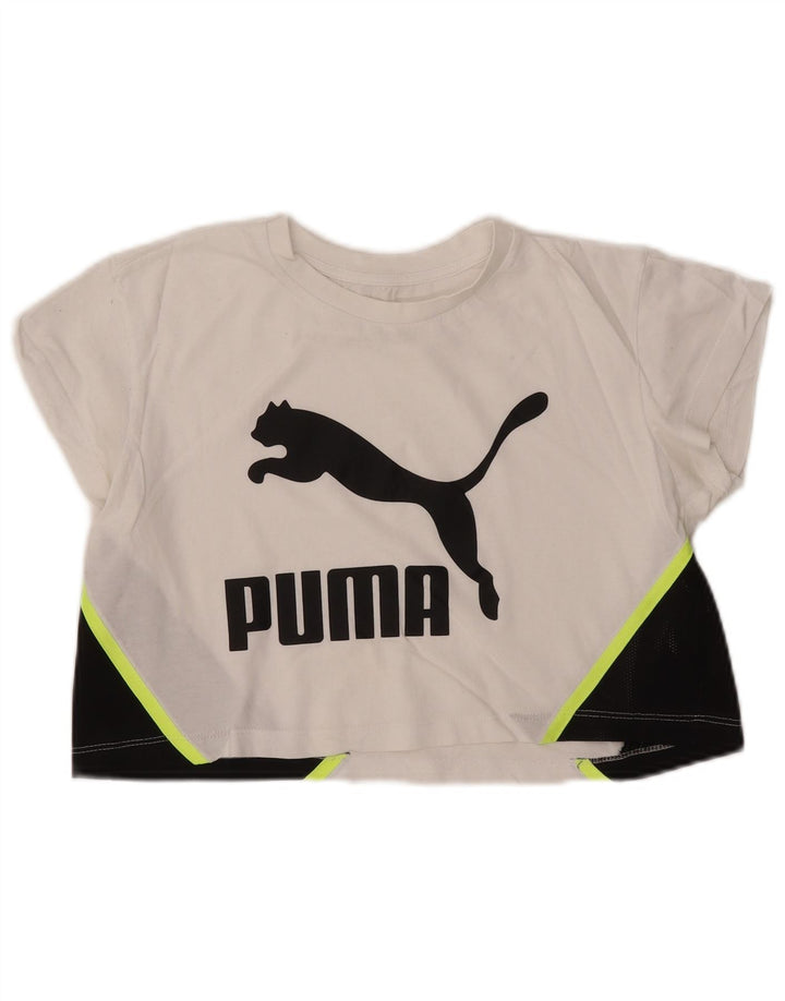 PUMA Womens Crop Oversized Graphic T-Shirt Top UK 2 2XS White Colourblock