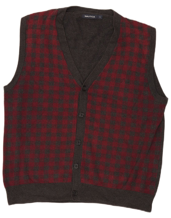 Nautica Mens Sleeveless Cardigan Sweater Large Grey Gingham Cotton