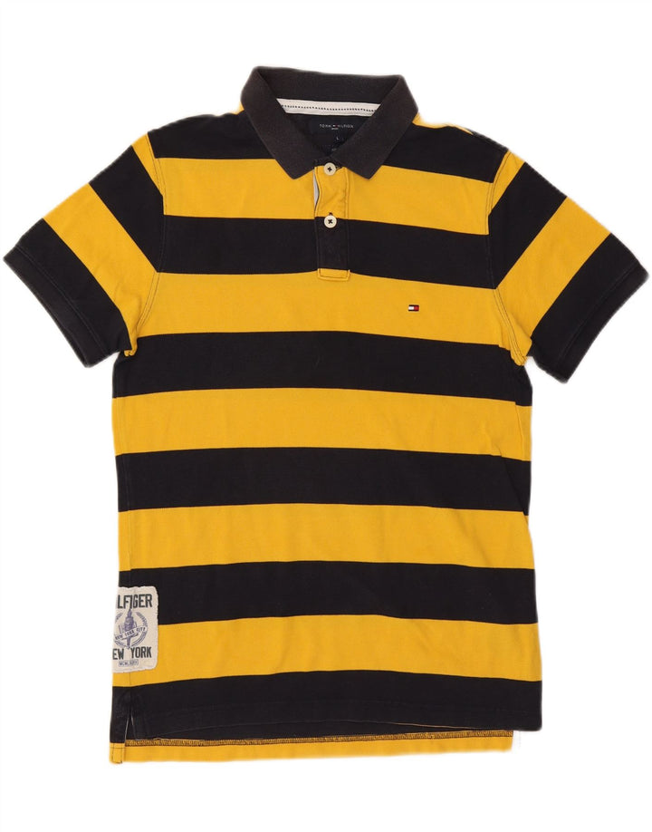 TOMMY HILFIGER Mens Slim Fit Polo Shirt Large Yellow Striped Cotton
