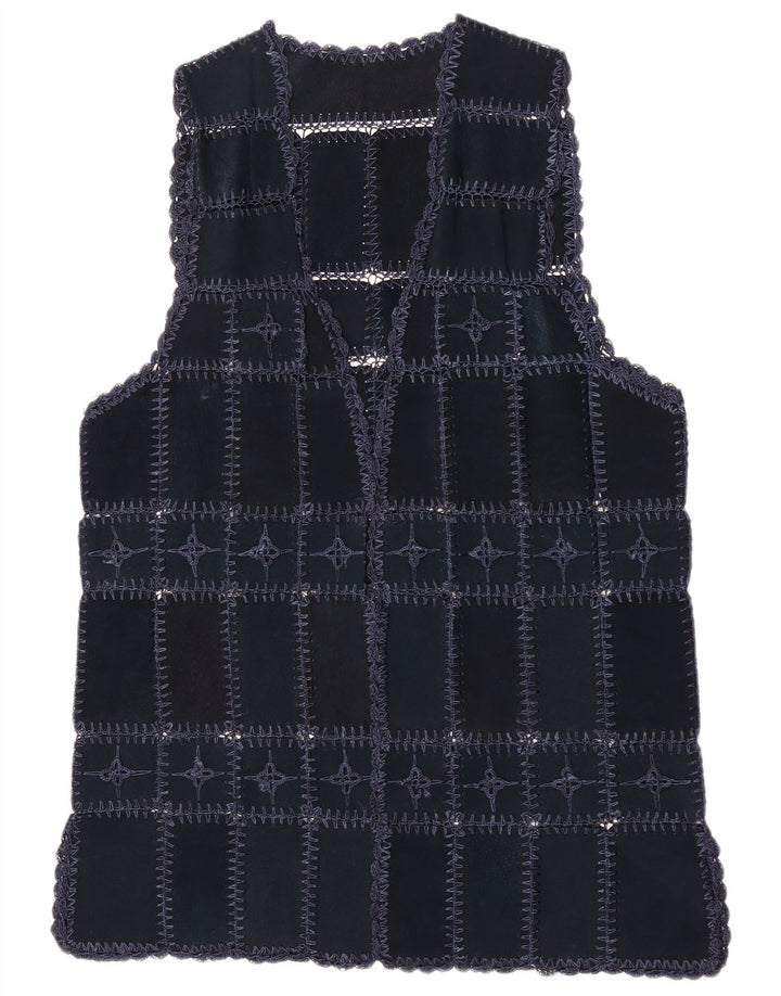 Vintage Womens Suede Gilet UK 14 Medium Navy Blue Patchwork