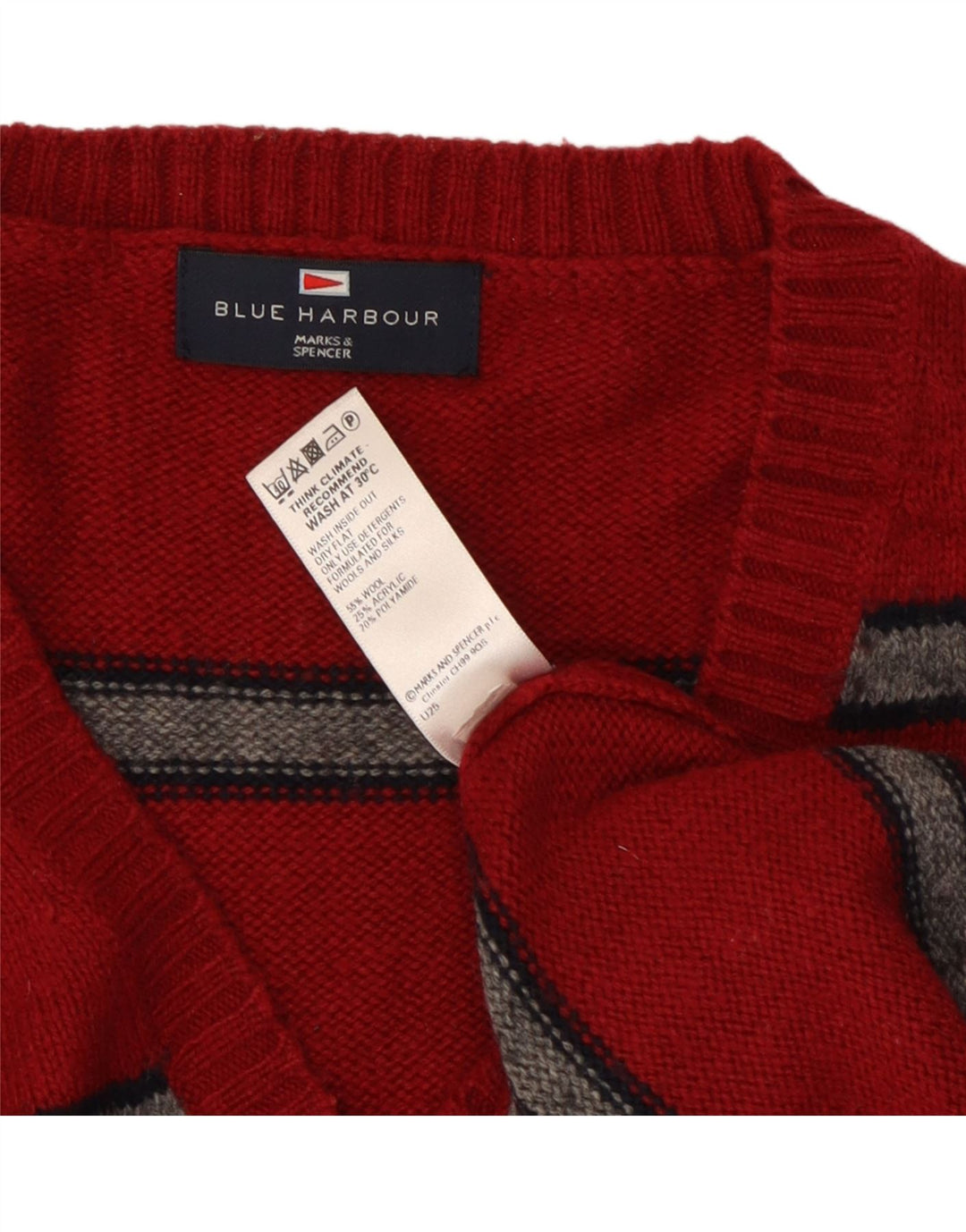 Marks & Spencer Mens Blue Harbour V-Neck Jumper Sweater Large Red Striped