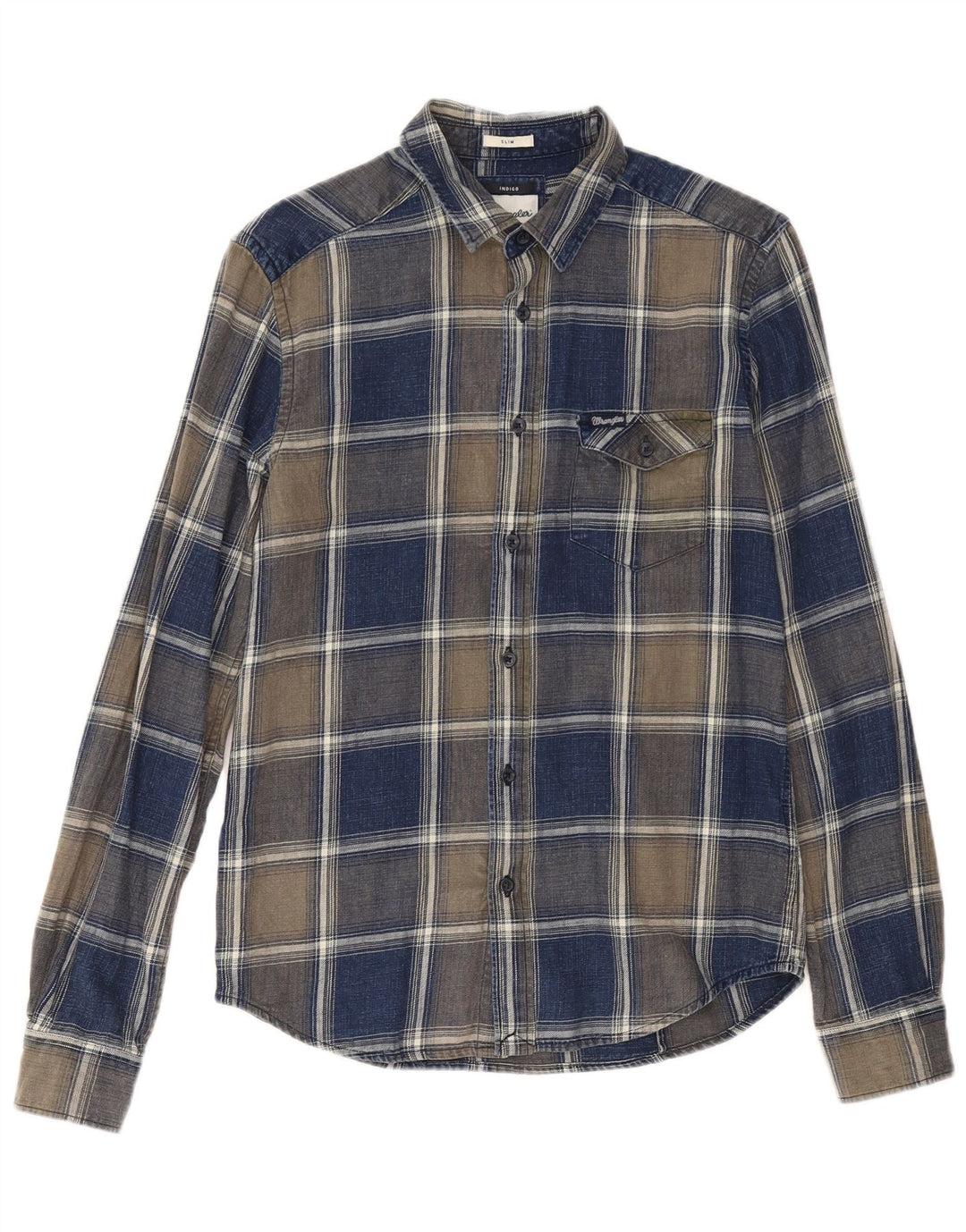 Wrangler Mens Indigo Checked Slim Flannel Shirt Small Navy Blue Check