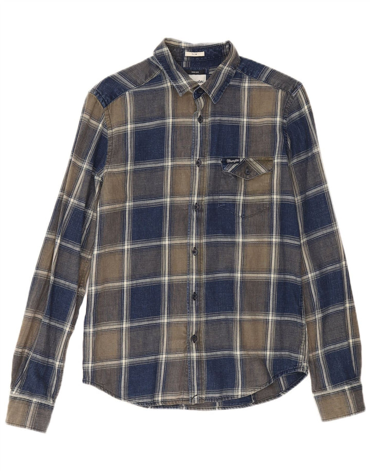 Wrangler Mens Indigo Checked Slim Flannel Shirt Small Navy Blue Check