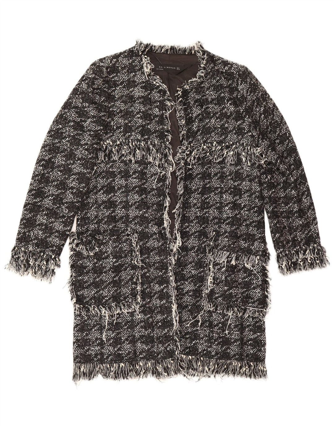 Zara Womens Open Overcoat UK 10 Small Black Houndstooth Cotton