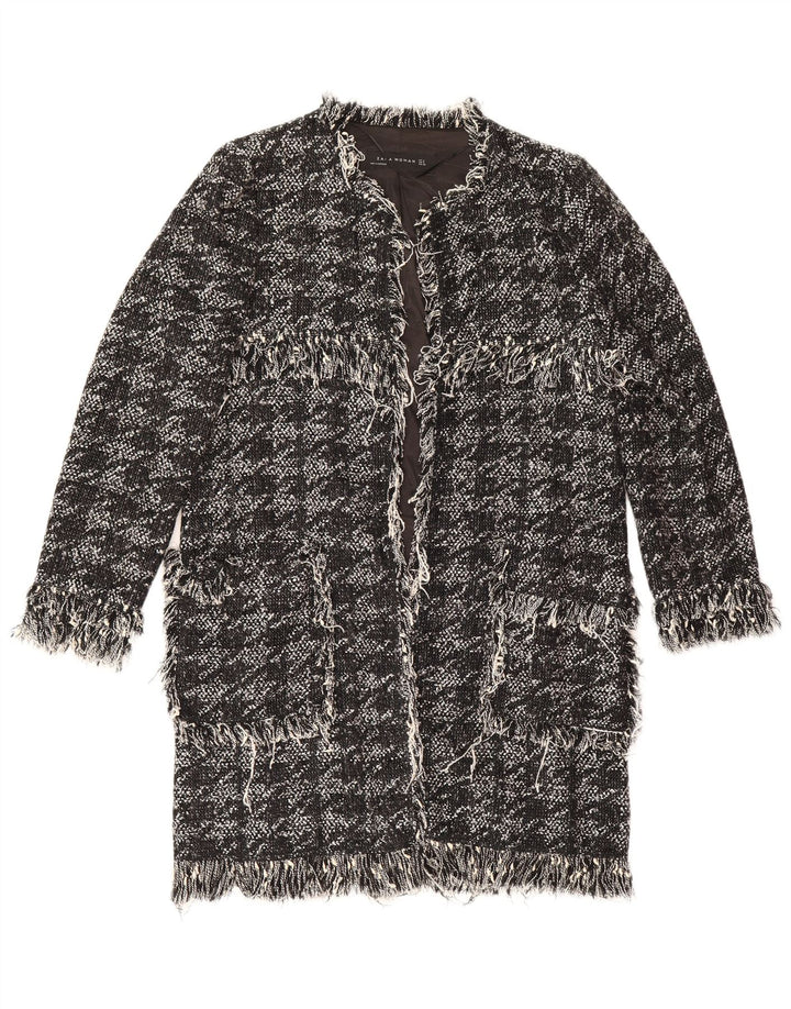 Zara Womens Open Overcoat UK 10 Small Black Houndstooth Cotton